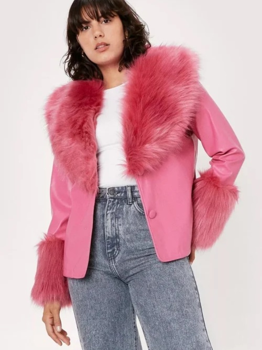 Nasty Gal Pink Faux Fur Trim Leather Jacket